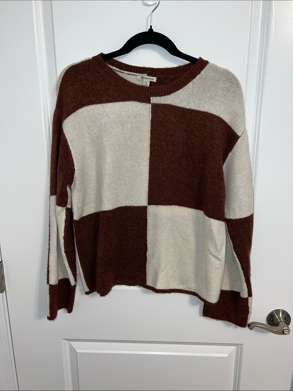 Versona Brown and Cream Checkerboard Crewneck Sweater